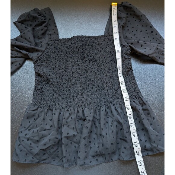 Nine West Blouse Black Smocked Square Neck Polka Dot Long Sheer Sleeves XS - Picture 6 of 13